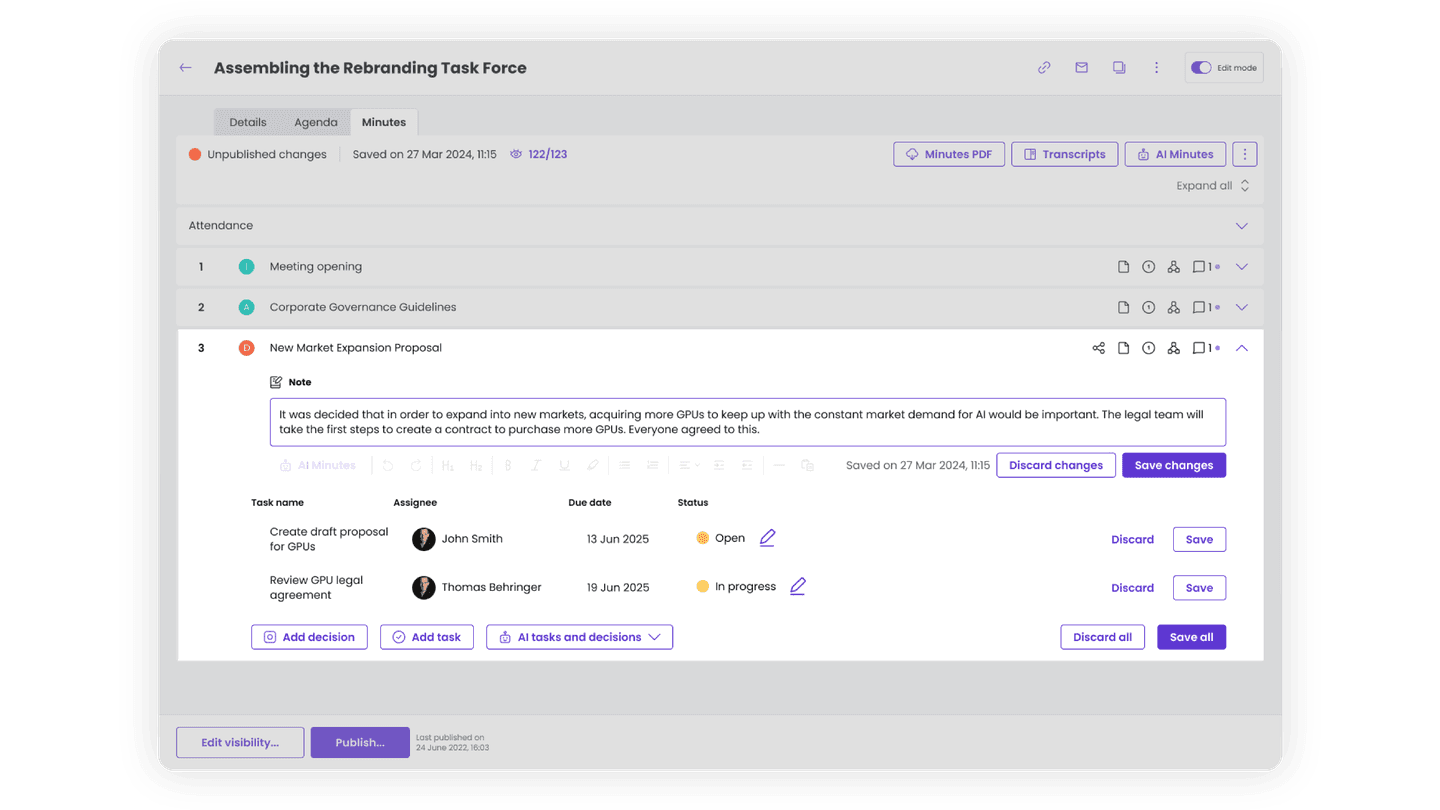 Illustrative image highlighting minutes features for single agenda item